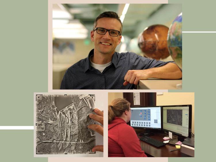 Collage of 3 photos: Nathan Piekielek, an archival aerial photograph, and a student assistant working on a computer.